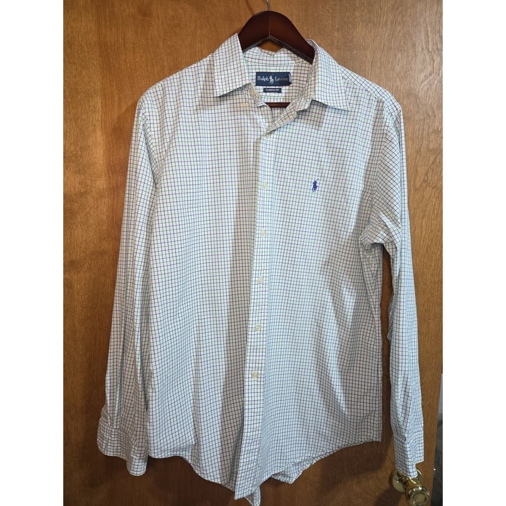 Ralph Lauren Mens Large L Cotton Green Blue Tattersall Check Button Down Shirt